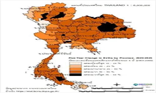 อัตราการเปลี่ยนแปลงเด็กแรกเกิดในระยะ 5 ปี (2563-2568) Five-Year Change in Births by Province, 2020-2025